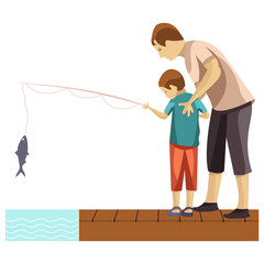 
A dad and son are fishing together 
