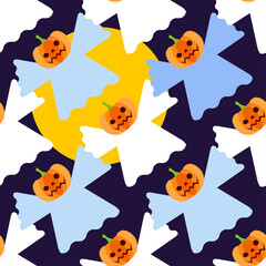 Seamless pattern with pumpkins and ghosts. Halloween. Emotions. The style of the cartoon. Vector illustration for web design or print. 