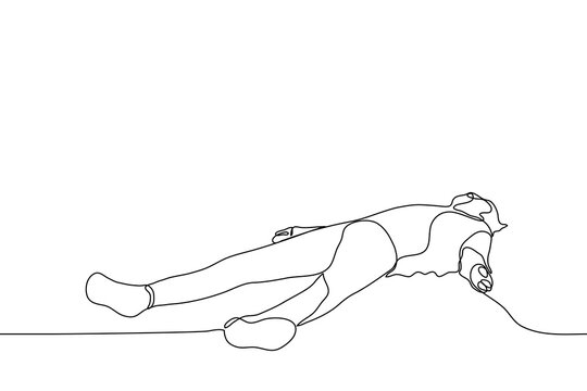 man is lying on the floor on the ground. one line drawing of a man lying on his back tired, sleeping or dead