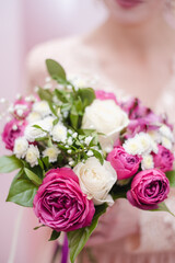 bridal bouquet of roses, bride holding bouquet, pink roses, wedding day