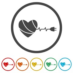 Heart with electric plug ring icon, color set