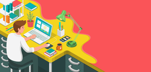 Learning online at home. Student sitting at desk and looking at laptop. E-learning banner. Web courses or tutorials concept. Distance education flat isometric illustration.