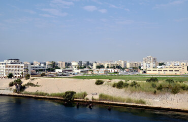Fototapeta premium Panoramic view of the city Ismailia in Egypt - Africa. View from the Suez Canal side.