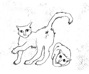 Cute cats hand drawing, one is standing and the other is laying.