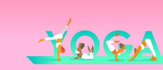 Young women in white sportswear doing yoga exercises on a pink background with YOGA lettering on a green yoga mat. Vector illustration for Yoga day, t-shirt graphics, banners, icons, web, posters - 383774399