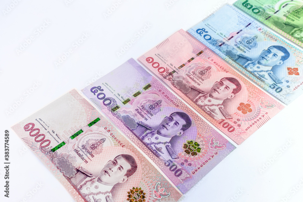 Wall mural money banknote thai baht on white background, collection thai paper money, currency thailand