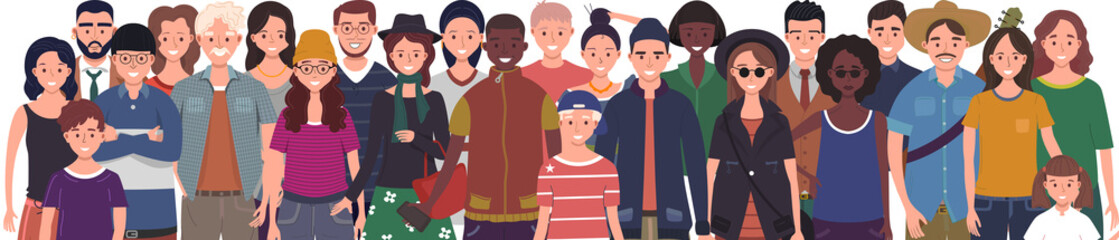 Multinational group of people isolated on white background. Children, adults and teenagers stand together. Illustration