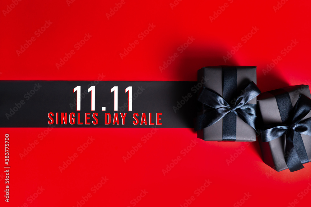 Wall mural 11.11 single day sale concept, black gift box for online shopping