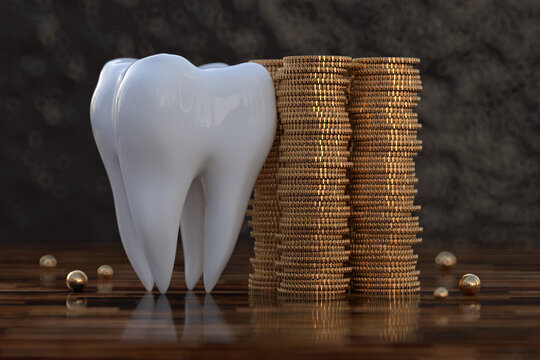 Big teeth with a stack of golden coins