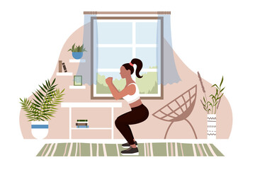 Woman goes in for sports and fitness at home in hand drawn. Girl squats in the room in a flat style. Vector stock illustration