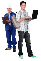 Builder and teenager stood together