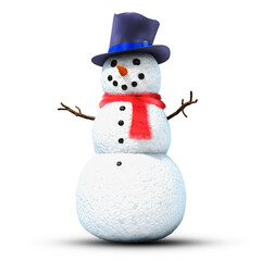 3d snowman with hat and red scarf on white background.