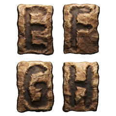 Set of rocky letters E, F, G, H. Font of stone on white background. 3d