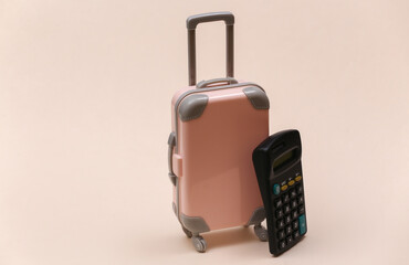 Travel expenses. Mini plastic travel suitcase with calculator on beige background.