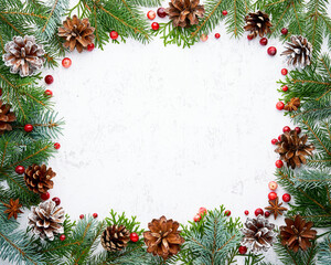 Fototapeta na wymiar Christmas and Happy New Year light white background. Frame with fir branches, berry, cones. Stone backdrop with copy space.