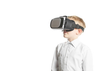 child in virtual reality mask on white background