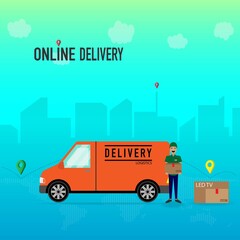 Obraz na płótnie Canvas Delivery man holding a box with delivery van vector. Delivery online concept. City logistics concept. Flat design. Copy space for text. 