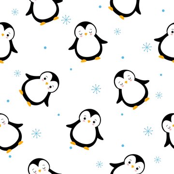 The vector pattern with cartoon penguins and snowflakes