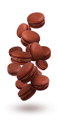 Chocolate macaroons fly on a white background. Beautiful macaroons.