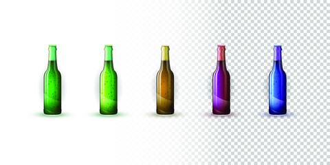 Glass Transparent Vector Beer Bottles in different colors filled with liquid
