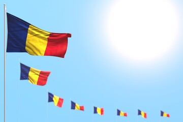 nice any celebration flag 3d illustration. - many Romania flags placed diagonal with selective focus and free space for text