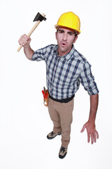 angry craftsman holding an ax
