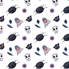 Halloween Watercolor objects illustration. Spiders, ghosts, skulls scary seamless pattern. Dark purple navy background. Creepy celebration wallpaper. 