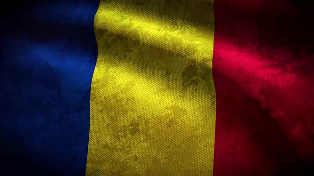 60FPS dark grunge Romania flag  with shabby fabric texture waving, UHD 4k 3d seamless looping animation