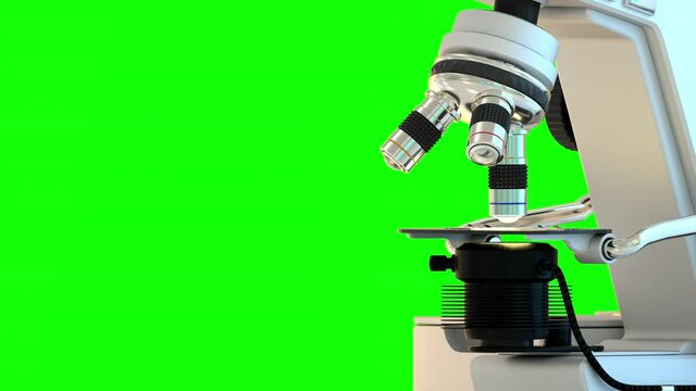 4K medical concept - microscope working automatically isolated on green screen for chromakey use, UHD 60 FPS 3D animation