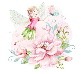 Cute Fairy character watercolor illustration on white background. Magic fantasy cartoon pink fairytale design. Baby girl birthday