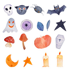 Halloween Watercolor illustration set. Skull, ghost, spider, bat, black cat, eye ball, stars, mushrooms, coffin, candles, moons pack. Autumn fall october november artworks. Hand drawn texture. 