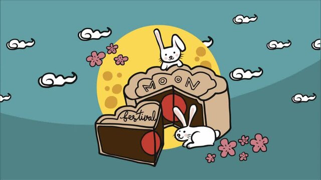 Mooncake festival, rabbits play on moon cake and full moon cartoon
