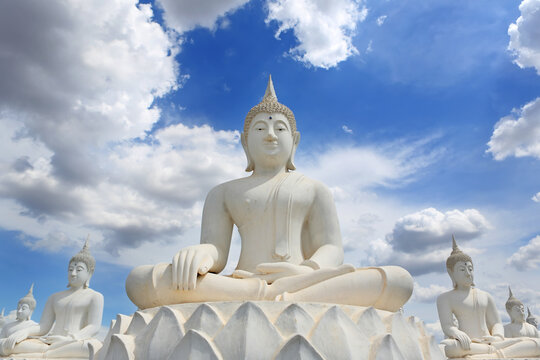 Many white buddha statues meditating against blue sky background.