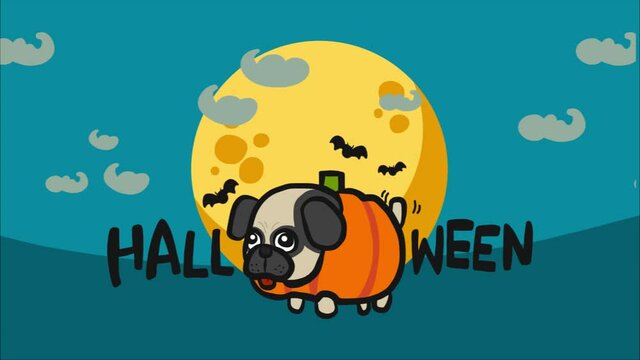 Pug pumpkin Halloween full moon cartoon 