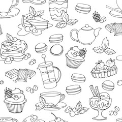 Seamless pattern with fresh desserts, coffee, tea, berry, ice cream, cupcakes and chocolate.