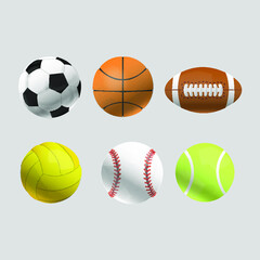Sport Balls Vector. Set Of Soccer, Basketball, Tennis, Volleyball, Baseball Sport Balls.  Isolated Illustration