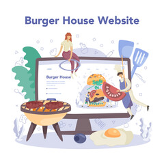 Fast food, burger house online service or platform. Chef cook tasty