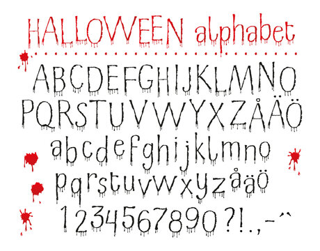 Spooky Halloween Dripping Blood Alphabet with Uppercase, Lowercase, Numbers and Punctuation and Blood Stains