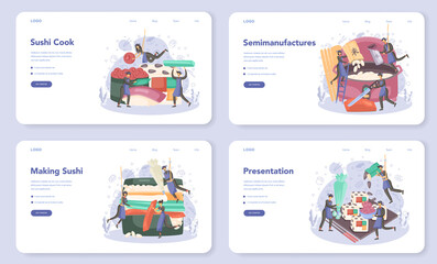 Restaurant chef cooking rolls and sushi web banner or landing