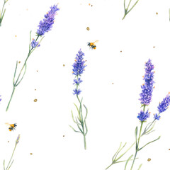 Seamless pattern with watercolor delicate lavender flowers and bees on a white background