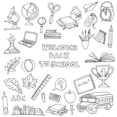 Back to school set of kids doodles with bus, books, computer, bl