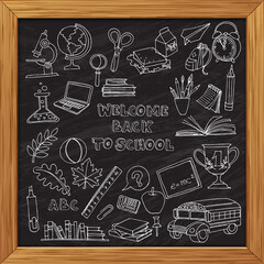 Back to school set of kids doodles with bus, books, computer and