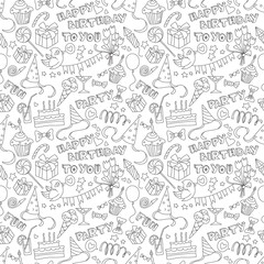 Fototapeta na wymiar Happy birthday party doodle black and white seamless pattern