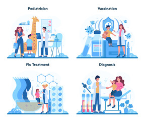 Pediatrician concept set. Doctor examining a child with stethoscope