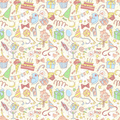 Happy birthday party seamless colored pattern with hand drawn pa