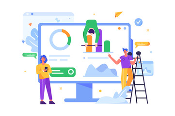 People work on charts and tasks on a large display, guy standing on the stairs helps with charts isolated on white background, flat vector illustration