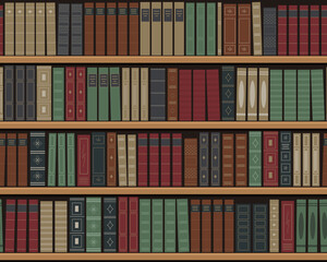 Bookshelves with books. Seamless background. Old books on the shelves. Library of retro books. Bookstore. Vector illustration. Flat style.