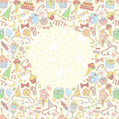 Happy birthday party greeting card frame with hand drawn pattern