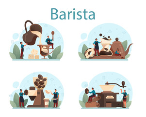 Barista concept set. Bartender making a cup of hot coffe. Energetic