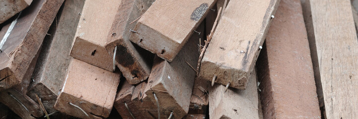 Old wood planks broken and overlapped. Selective focus